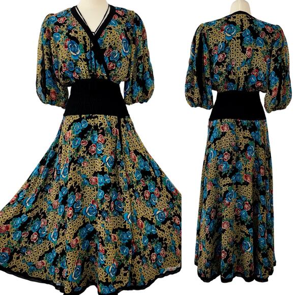 Diane Freis Silk Georgette Midi Dress Black Floral Multicolor Balloon Sleeve M/L - Picture 1 of 13